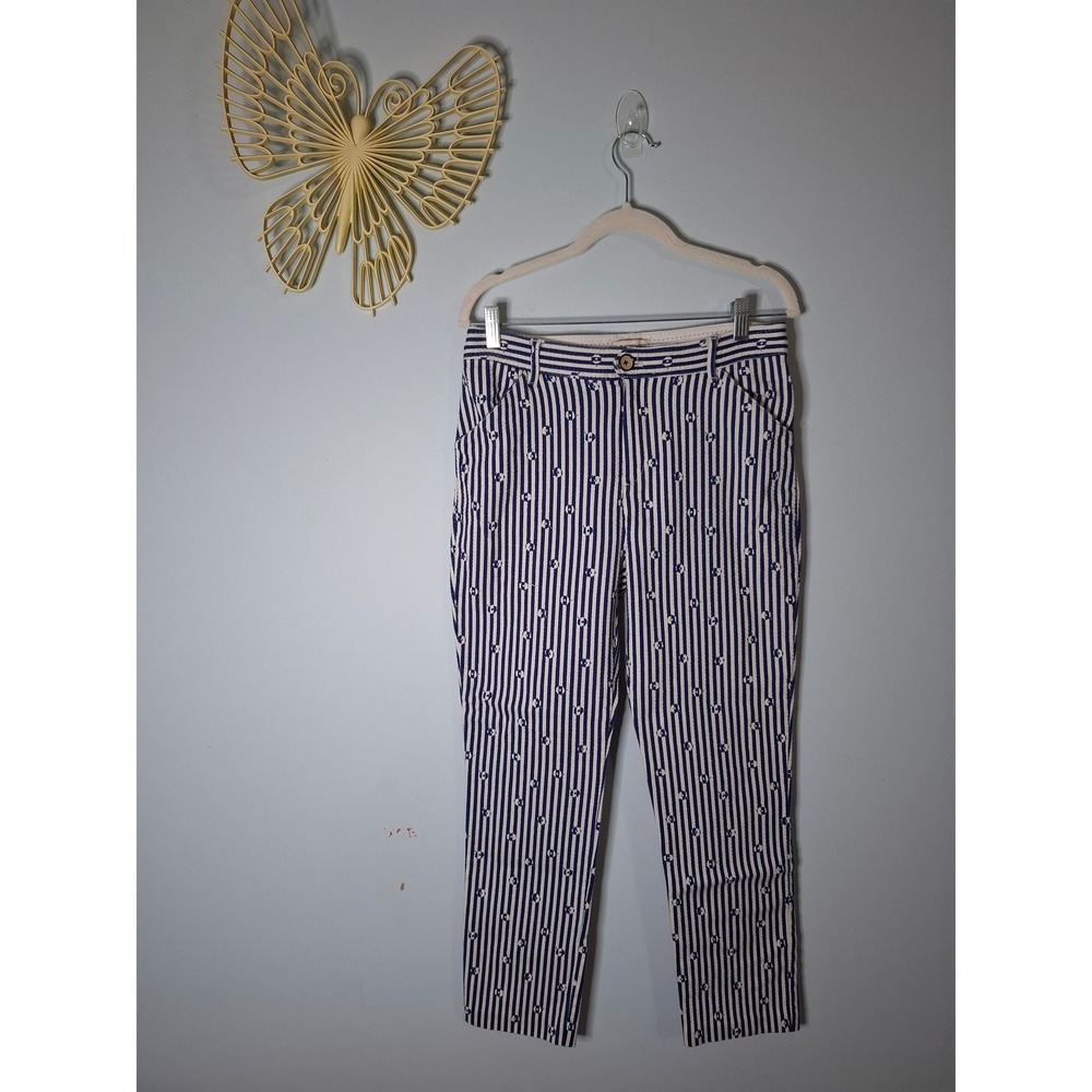 Anthropologie The Essential Slim Pants Blue White Striped Floral Size 6 Cropped